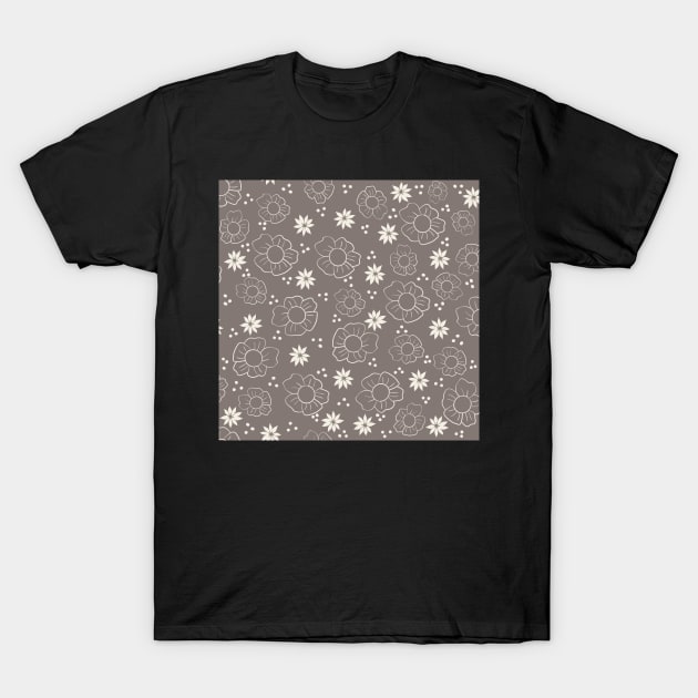 Botanical Dark Gray and White Pattern T-Shirt by WalkSimplyArt